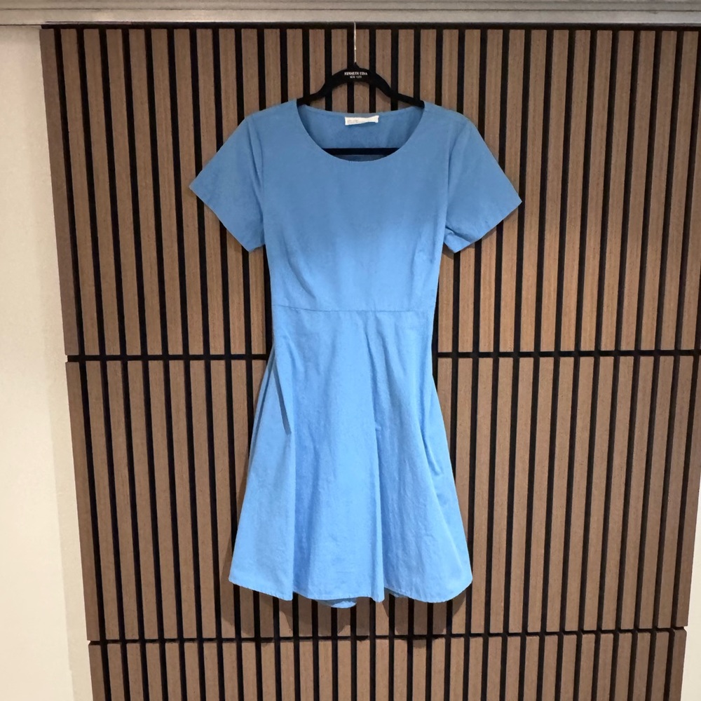 OAK + FORT Light Blue Short-Sleeve Fit-and-Flare Mini Dress